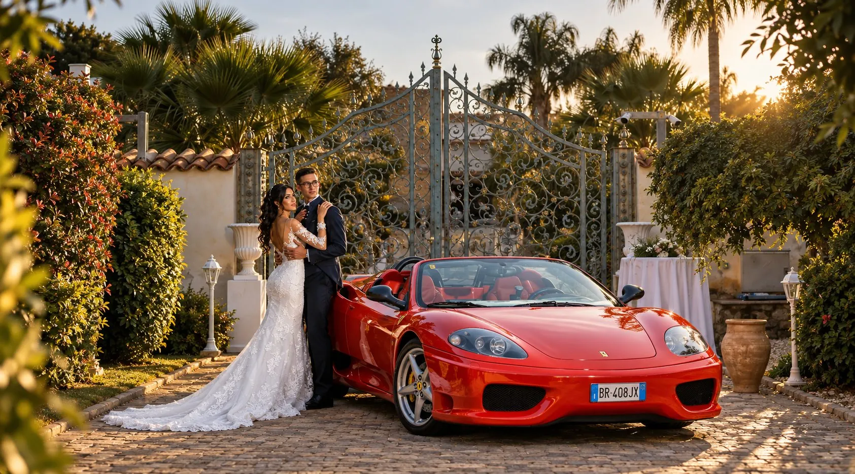 Sposi abbracciati accanto alla Ferrari 360 Spider rossa davanti a un cancello in ferro battuto, al tramonto